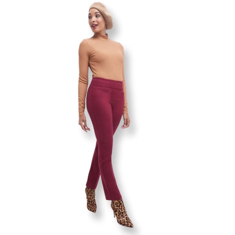 Rekucci - Women's Classic Straight Tummy Control Pants - Burgundy - 2P
